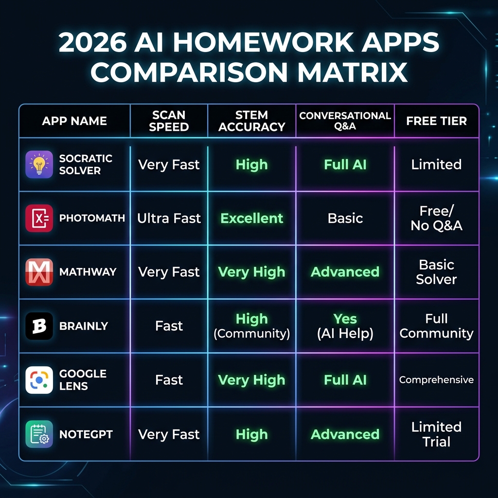 2026 AI Homework Apps Comparison Matrix Graphic